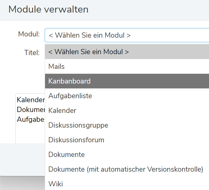 Kanban-Modul auswählen