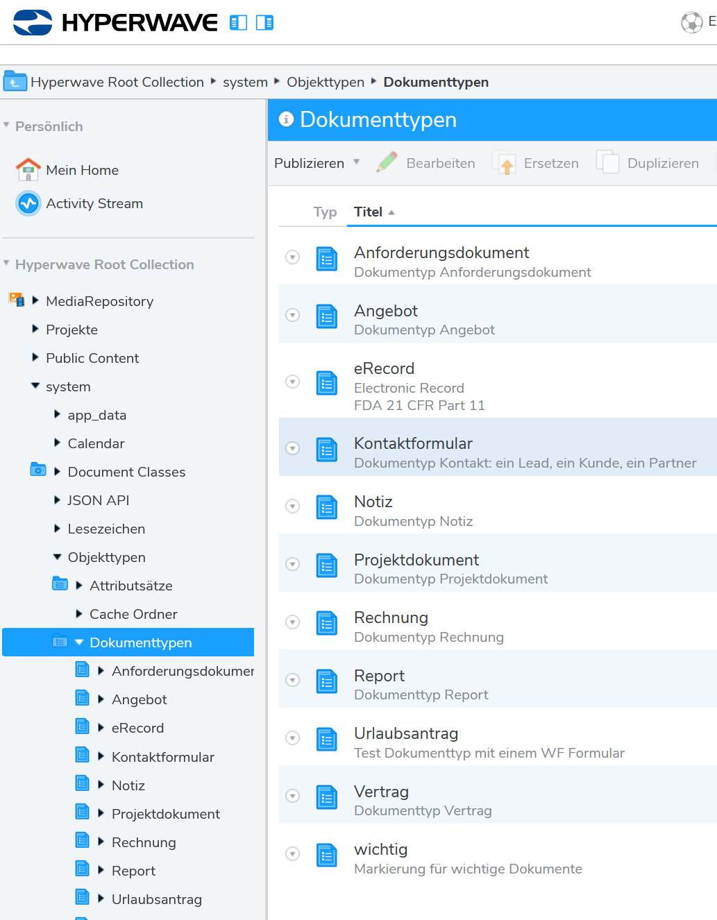 Die Liste der existierenden Dokumenttypen