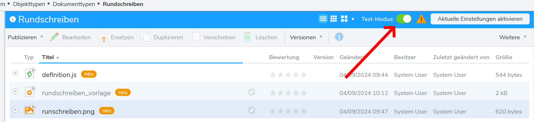 Den neuen Dokumenttyp testen