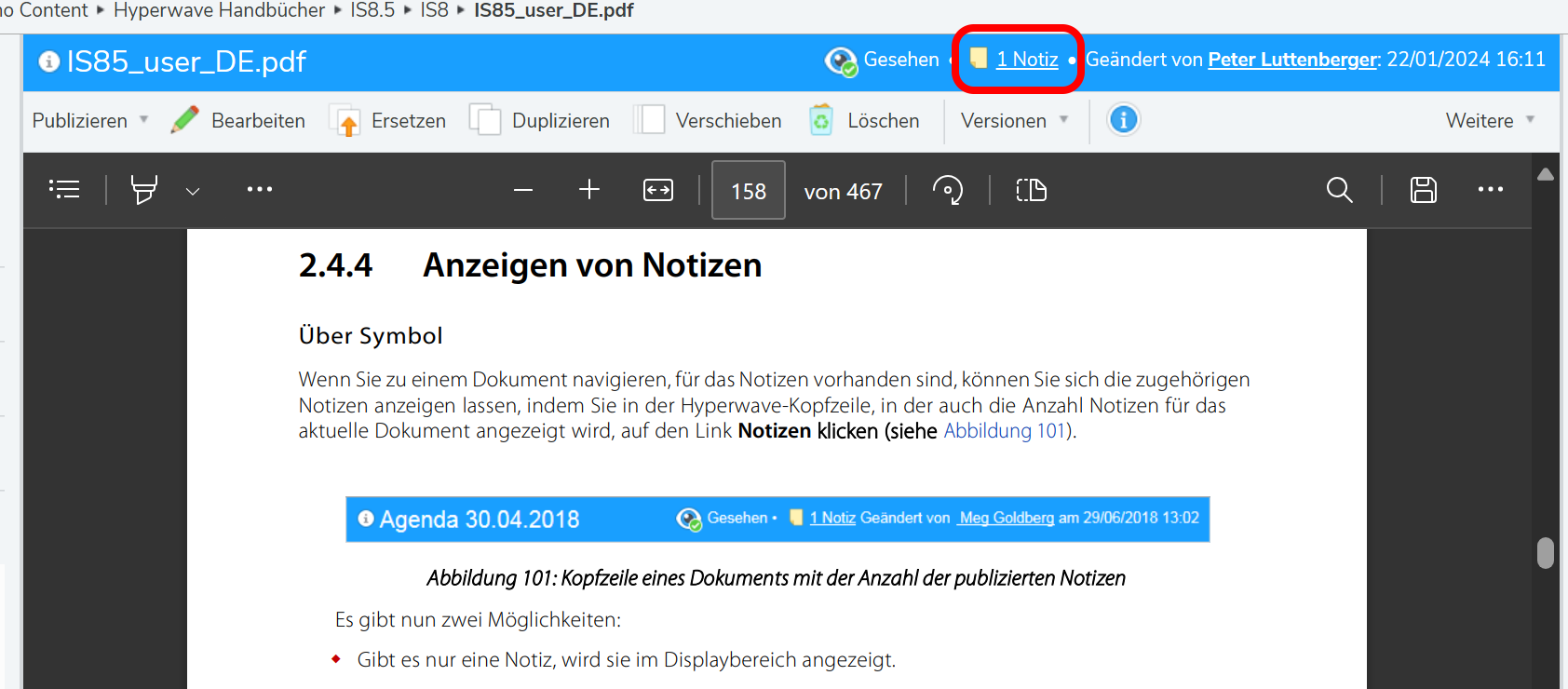 Man sieht sofort wie viele Notizen es zu einem Dokument gibt
