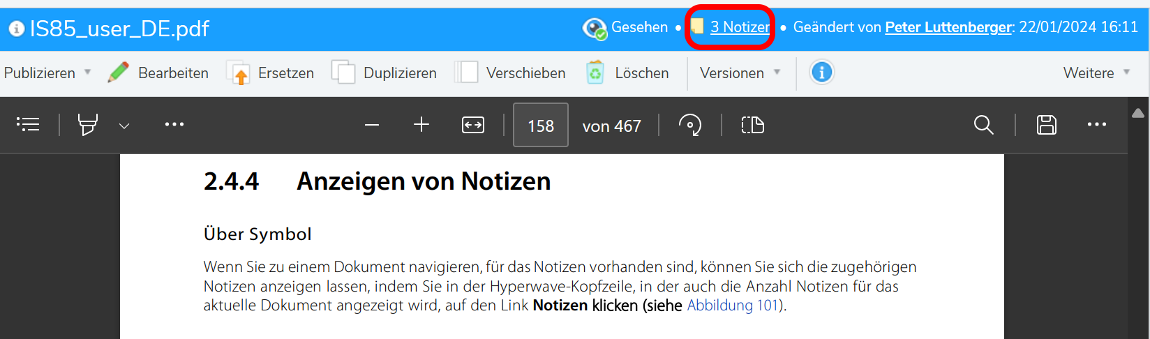 Die Anzahl der Notizen wird angezeigt