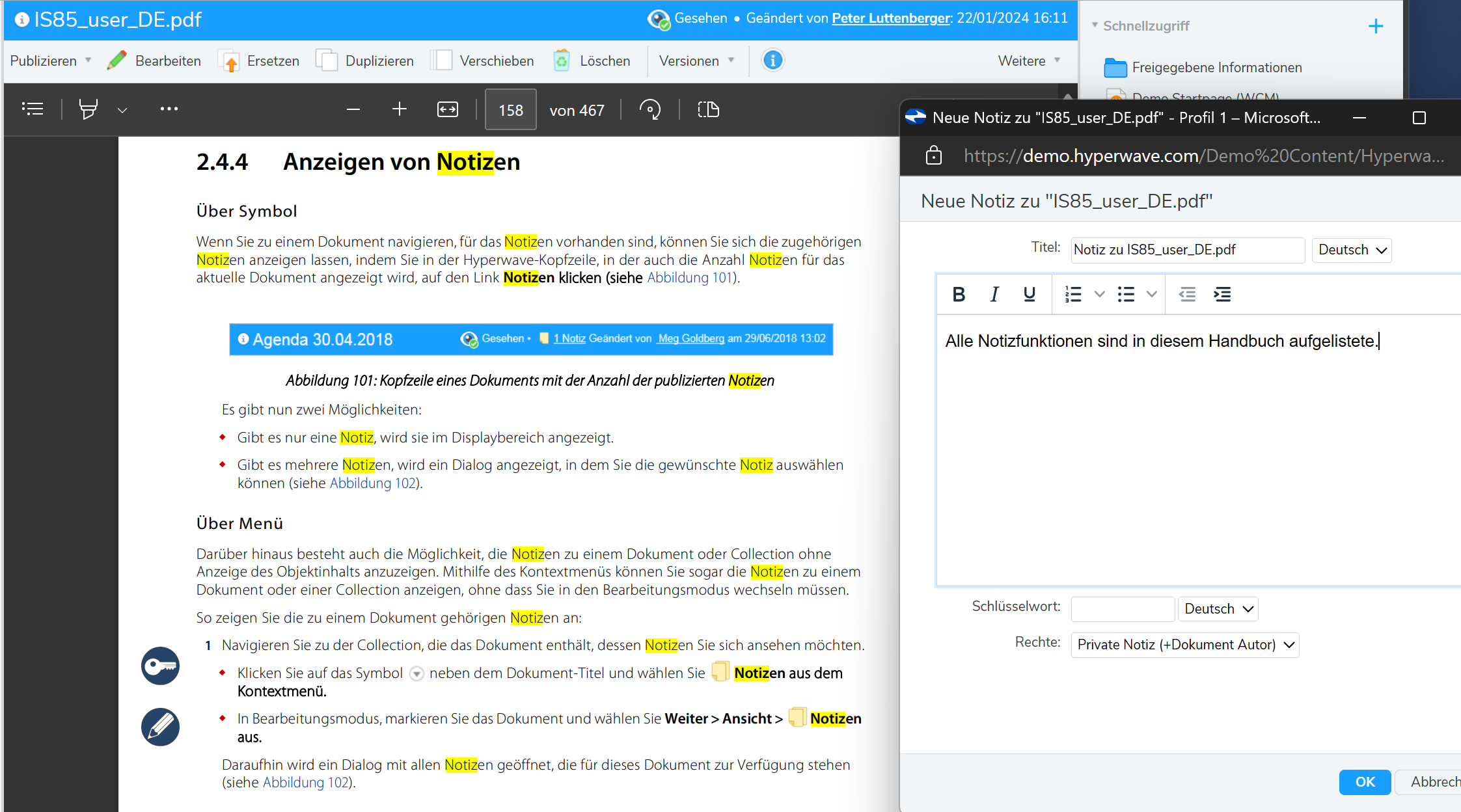 Man kann das Dokument lesen und zugleich eine Notiz bearbeiten