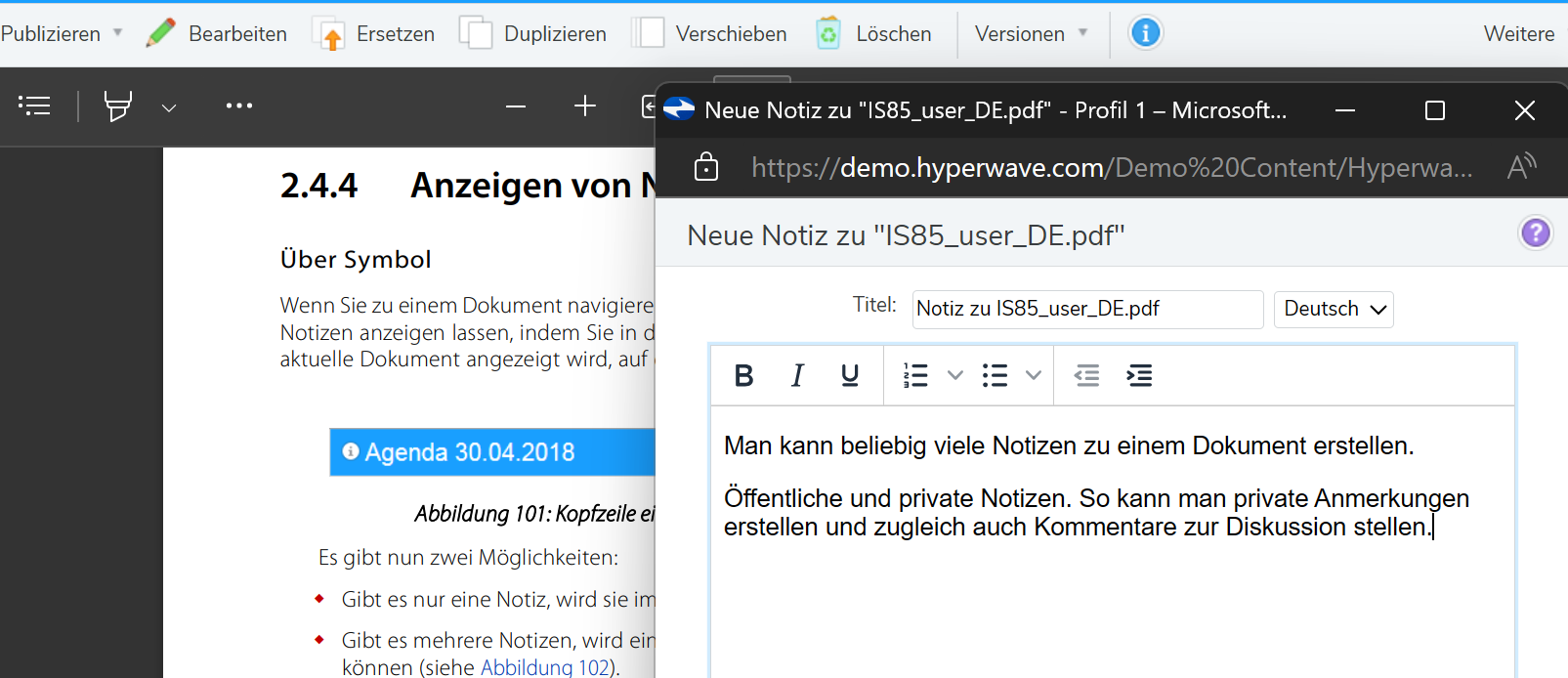 Es sind beliebig viele Notizen pro Dokument möglich.