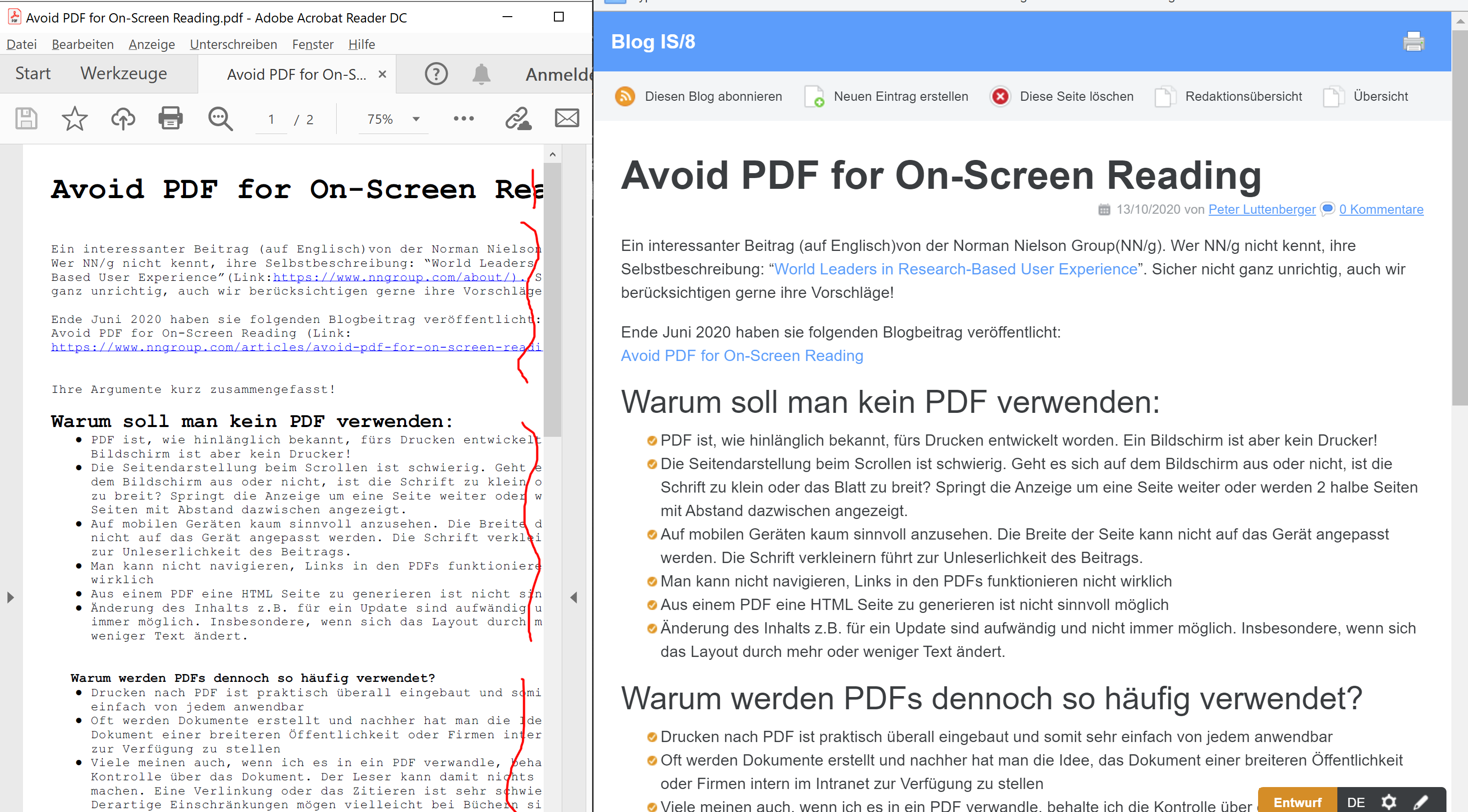 Rechts ein PDF, Links ein WCM-Dokument